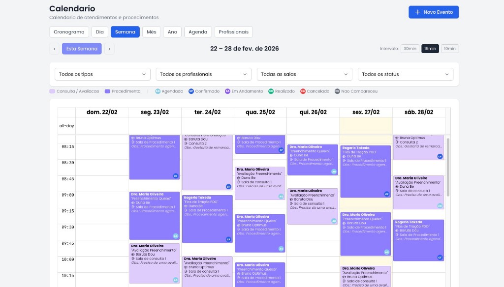 Calendário de atendimentos e procedimentos da clínica