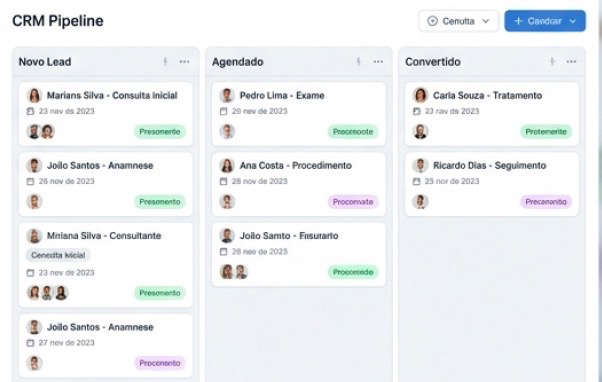 CRM Pipeline: quadro Kanban com colunas Novo Lead, Agendado e Convertido